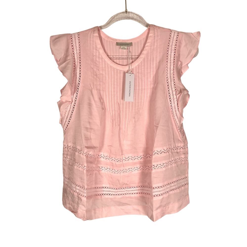 OuterKnown Women's Pink Lace Butterfly Sleeve Organic/Silk Pintuck‎ Blouse S/XS